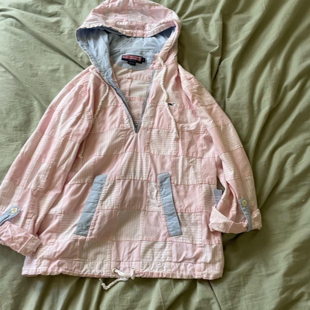 Pink and blue patchwork quarter zip hoodie from Vineyard Vines.